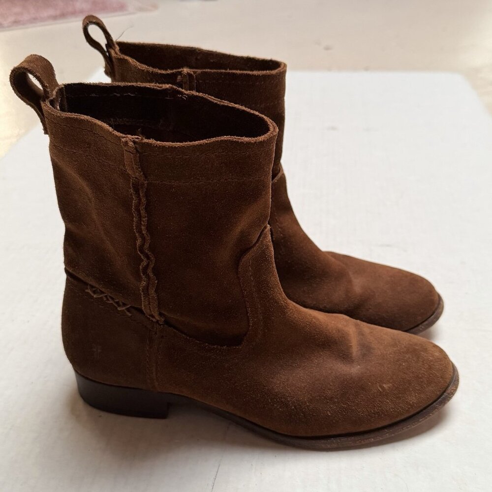 Frye Suede Ankle Boots Womens Cara Booties Cognac Brown Boho Grunge Party Grunge